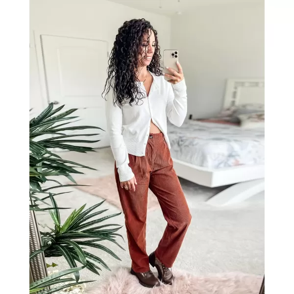 GRAPENT Corduroy Pleated Pants for Women Casual Stretchy High Waisted Straight Leg Trousers Loose Fit Slacks with PocketsRust