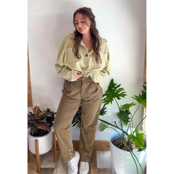 GRAPENT Corduroy Pleated Pants for Women Casual Stretchy High Waisted Straight Leg Trousers Loose Fit Slacks with PocketsSepia Tint
