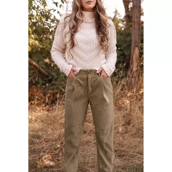 GRAPENT Corduroy Pleated Pants for Women Casual Stretchy High Waisted Straight Leg Trousers Loose Fit Slacks with PocketsSepia Tint