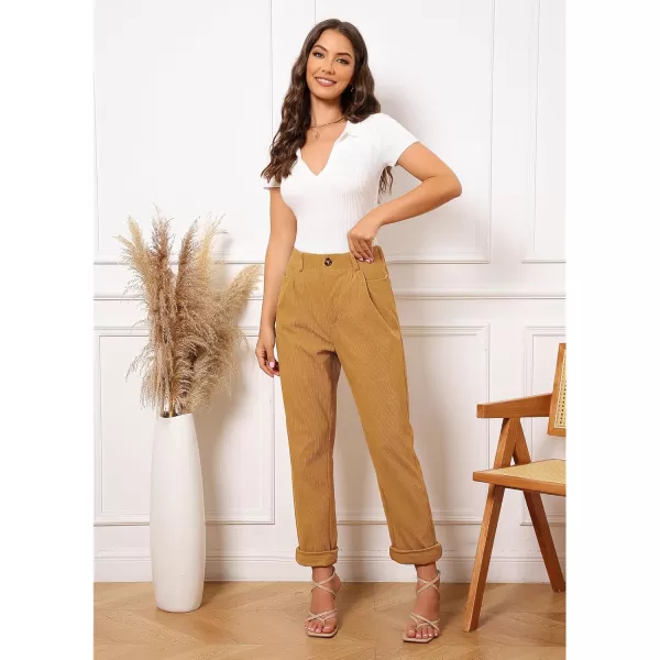 GRAPENT Corduroy Pleated Pants for Women Casual Stretchy High Waisted Straight Leg Trousers Loose Fit Slacks with PocketsSpruce Yellow