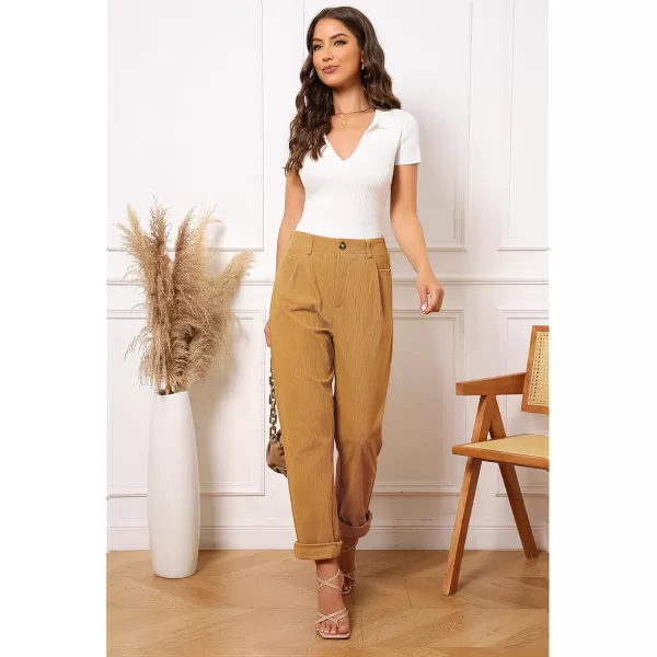GRAPENT Corduroy Pleated Pants for Women Casual Stretchy High Waisted Straight Leg Trousers Loose Fit Slacks with PocketsSpruce Yellow
