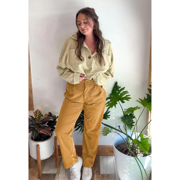 GRAPENT Corduroy Pleated Pants for Women Casual Stretchy High Waisted Straight Leg Trousers Loose Fit Slacks with PocketsSpruce Yellow
