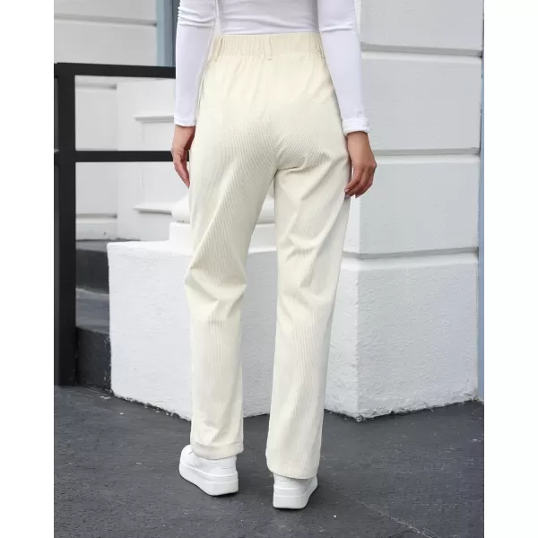 GRAPENT Corduroy Pleated Pants for Women Casual Stretchy High Waisted Straight Leg Trousers Loose Fit Slacks with PocketsVanilla Ice