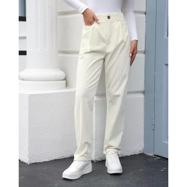 GRAPENT Corduroy Pleated Pants for Women Casual Stretchy High Waisted Straight Leg Trousers Loose Fit Slacks with PocketsVanilla Ice