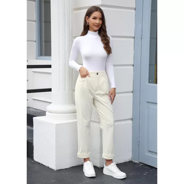 GRAPENT Corduroy Pleated Pants for Women Casual Stretchy High Waisted Straight Leg Trousers Loose Fit Slacks with PocketsVanilla Ice