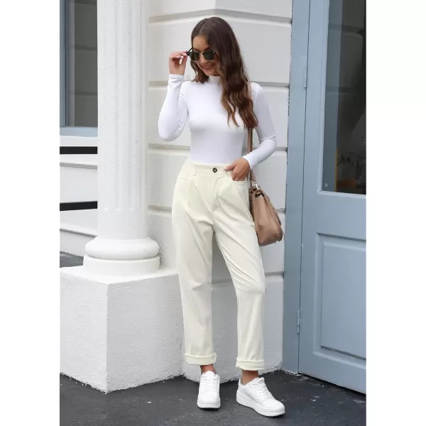 GRAPENT Corduroy Pleated Pants for Women Casual Stretchy High Waisted Straight Leg Trousers Loose Fit Slacks with PocketsVanilla Ice