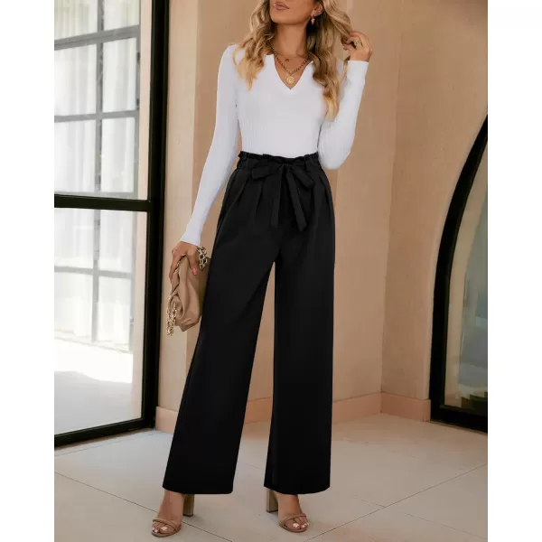 GRAPENT Dress Pants Women High Waisted Wide Leg Work Pants Dressy Casual Trendy Elastic Waist Pleated Belted TrousersBlack