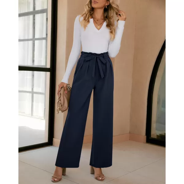 GRAPENT Dress Pants Women High Waisted Wide Leg Work Pants Dressy Casual Trendy Elastic Waist Pleated Belted TrousersDark Blue