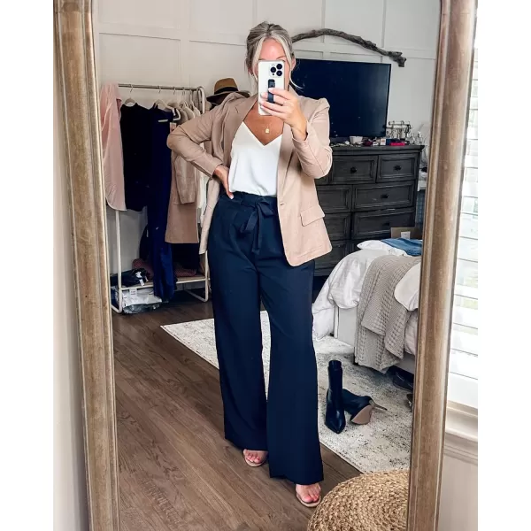 GRAPENT Dress Pants Women High Waisted Wide Leg Work Pants Dressy Casual Trendy Elastic Waist Pleated Belted TrousersDark Blue