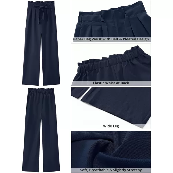 GRAPENT Dress Pants Women High Waisted Wide Leg Work Pants Dressy Casual Trendy Elastic Waist Pleated Belted TrousersDark Blue