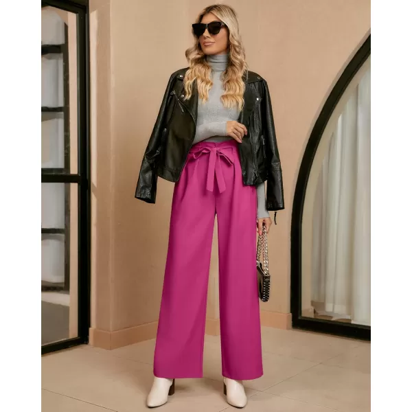 GRAPENT Dress Pants Women High Waisted Wide Leg Work Pants Dressy Casual Trendy Elastic Waist Pleated Belted TrousersMagenta