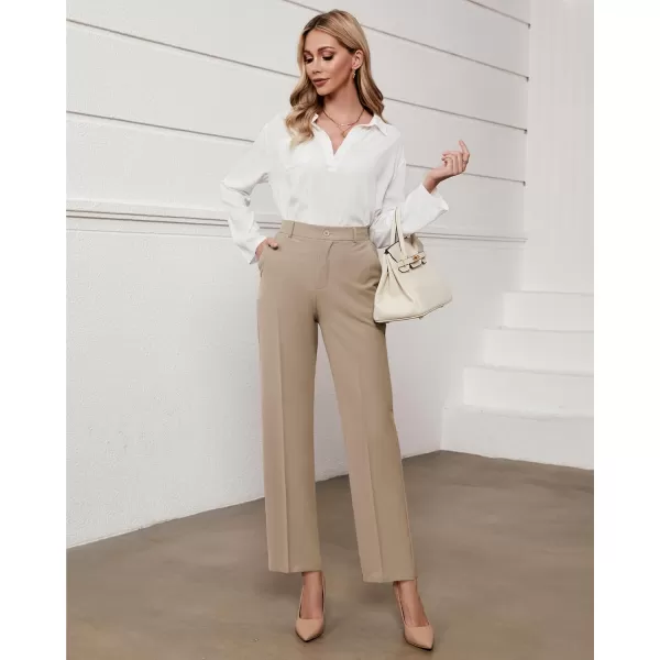 GRAPENT Pants for Women Work High Waisted Dress Pants Business Casual Relaxed Fit Straight Leg Elastic Waist TrousersKhaki