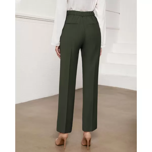 GRAPENT Pants for Women Work High Waisted Dress Pants Business Casual Relaxed Fit Straight Leg Elastic Waist TrousersKombu Green