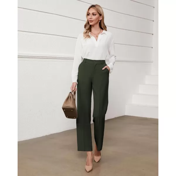 GRAPENT Pants for Women Work High Waisted Dress Pants Business Casual Relaxed Fit Straight Leg Elastic Waist TrousersKombu Green