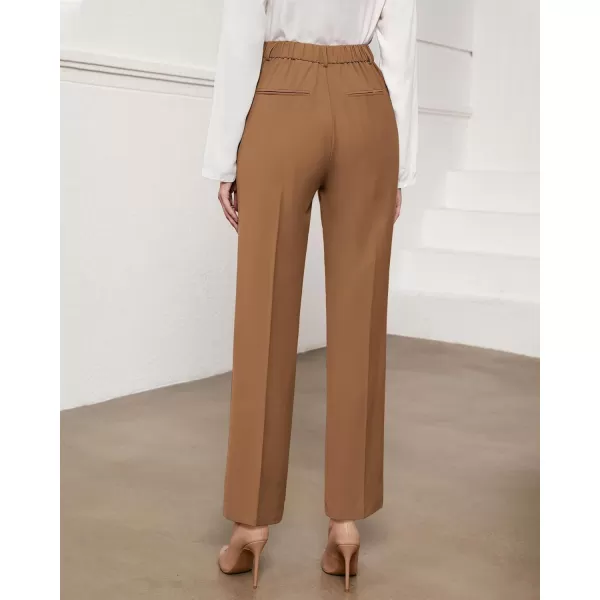 GRAPENT Pants for Women Work High Waisted Dress Pants Business Casual Relaxed Fit Straight Leg Elastic Waist TrousersPecan Brown