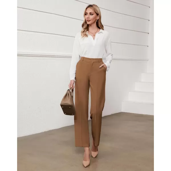 GRAPENT Pants for Women Work High Waisted Dress Pants Business Casual Relaxed Fit Straight Leg Elastic Waist TrousersPecan Brown