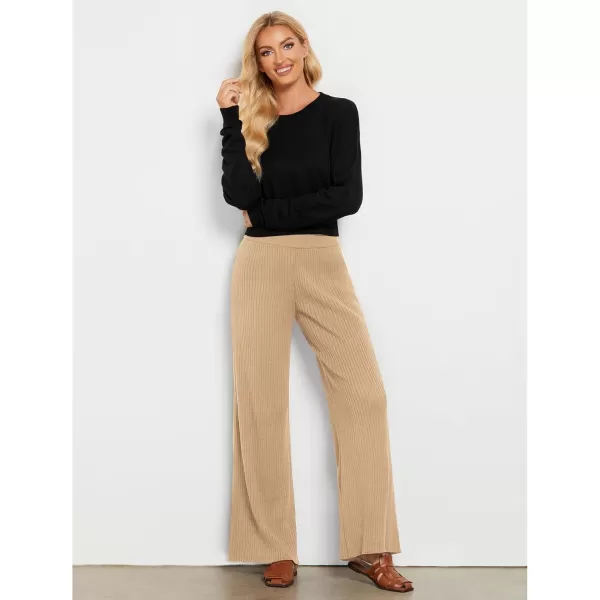 GRAPENT Sweater Wide Leg Pants Woman High Waisted Pull On Lounge Elastic Waist Fall Winter Casual Knit Trousers PantsBeige