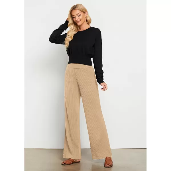 GRAPENT Sweater Wide Leg Pants Woman High Waisted Pull On Lounge Elastic Waist Fall Winter Casual Knit Trousers PantsBeige