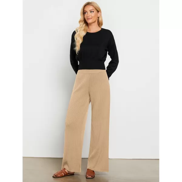GRAPENT Sweater Wide Leg Pants Woman High Waisted Pull On Lounge Elastic Waist Fall Winter Casual Knit Trousers PantsBeige