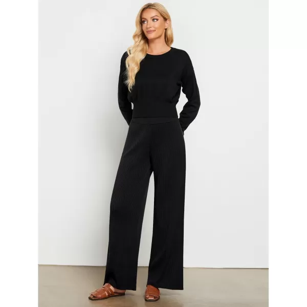 GRAPENT Sweater Wide Leg Pants Woman High Waisted Pull On Lounge Elastic Waist Fall Winter Casual Knit Trousers PantsBlack