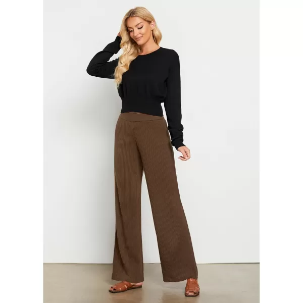 GRAPENT Sweater Wide Leg Pants Woman High Waisted Pull On Lounge Elastic Waist Fall Winter Casual Knit Trousers PantsCoffee Brown