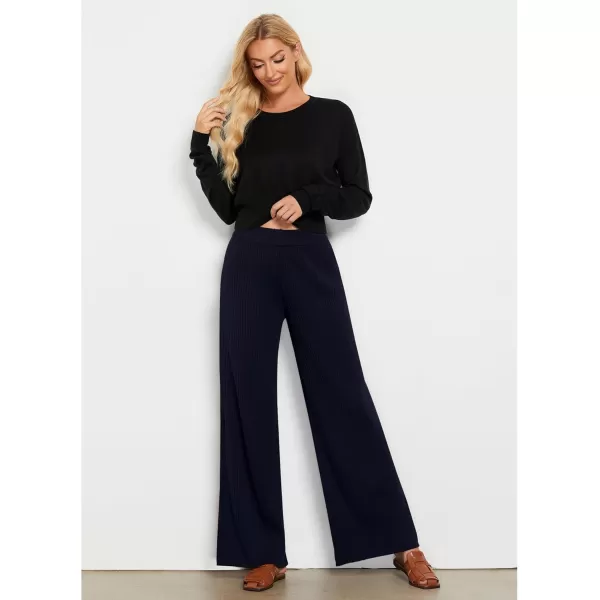 GRAPENT Sweater Wide Leg Pants Woman High Waisted Pull On Lounge Elastic Waist Fall Winter Casual Knit Trousers PantsNavy Blue