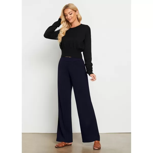 GRAPENT Sweater Wide Leg Pants Woman High Waisted Pull On Lounge Elastic Waist Fall Winter Casual Knit Trousers PantsNavy Blue
