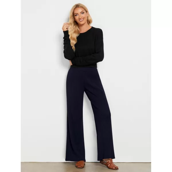 GRAPENT Sweater Wide Leg Pants Woman High Waisted Pull On Lounge Elastic Waist Fall Winter Casual Knit Trousers PantsNavy Blue