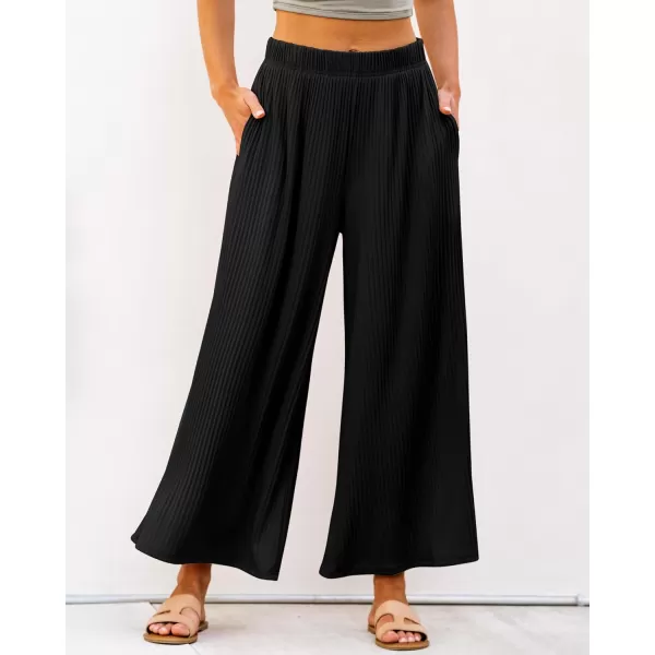 GRAPENT Wide Leg Pants Woman High Waisted Flowy Pull On Pleated Dressy Casual Ankle Cropped Palazzo Pants Baggy CulottesBlack