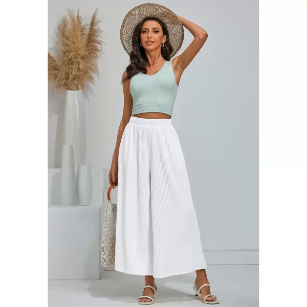GRAPENT Wide Leg Pants Woman High Waisted Flowy Pull On Pleated Dressy Casual Ankle Cropped Palazzo Pants Baggy CulottesBright White