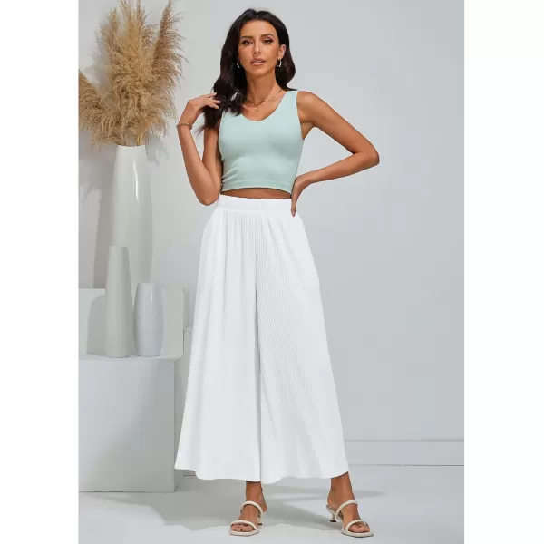 GRAPENT Wide Leg Pants Woman High Waisted Flowy Pull On Pleated Dressy Casual Ankle Cropped Palazzo Pants Baggy CulottesBright White