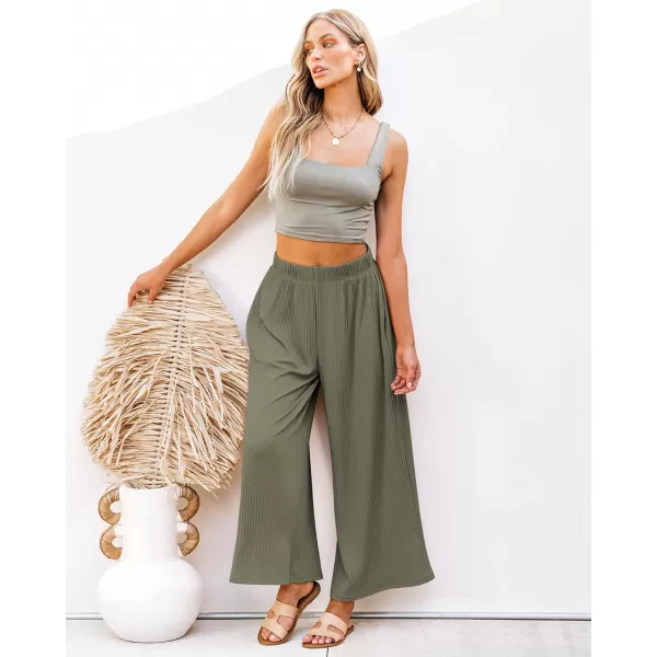 GRAPENT Wide Leg Pants Woman High Waisted Flowy Pull On Pleated Dressy Casual Ankle Cropped Palazzo Pants Baggy CulottesOlive Green