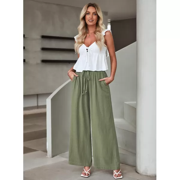 GRAPENT Wide Leg Pants Woman Linen High Waisted Pull On Flowy Casual Baggy Drawstring Palazzo Trousers Pants Resort WearArmy Green