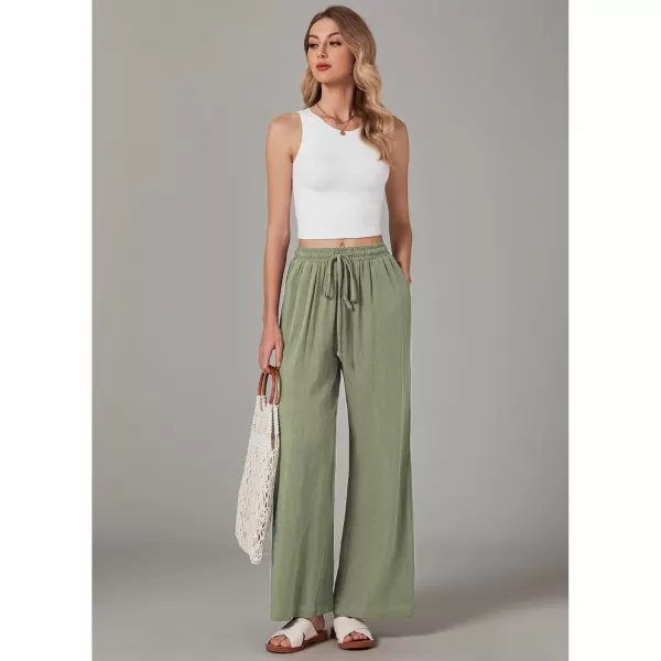 GRAPENT Wide Leg Pants Woman Linen High Waisted Pull On Flowy Casual Baggy Drawstring Palazzo Trousers Pants Resort WearArmy Green