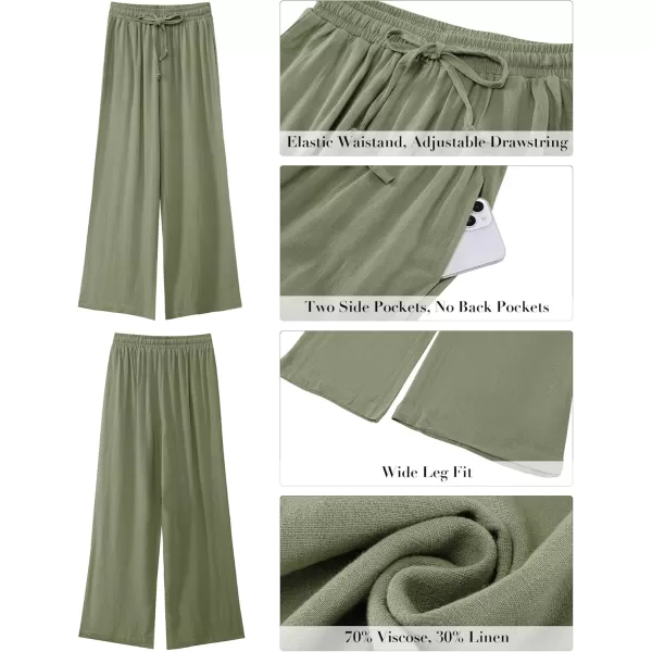 GRAPENT Wide Leg Pants Woman Linen High Waisted Pull On Flowy Casual Baggy Drawstring Palazzo Trousers Pants Resort WearArmy Green