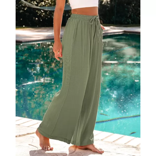 GRAPENT Wide Leg Pants Woman Linen High Waisted Pull On Flowy Casual Baggy Drawstring Palazzo Trousers Pants Resort WearArmy Green