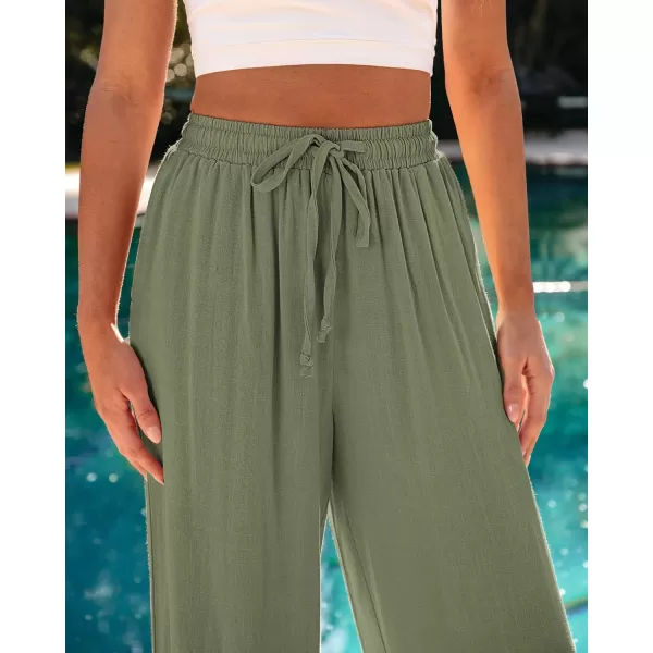 GRAPENT Wide Leg Pants Woman Linen High Waisted Pull On Flowy Casual Baggy Drawstring Palazzo Trousers Pants Resort WearArmy Green