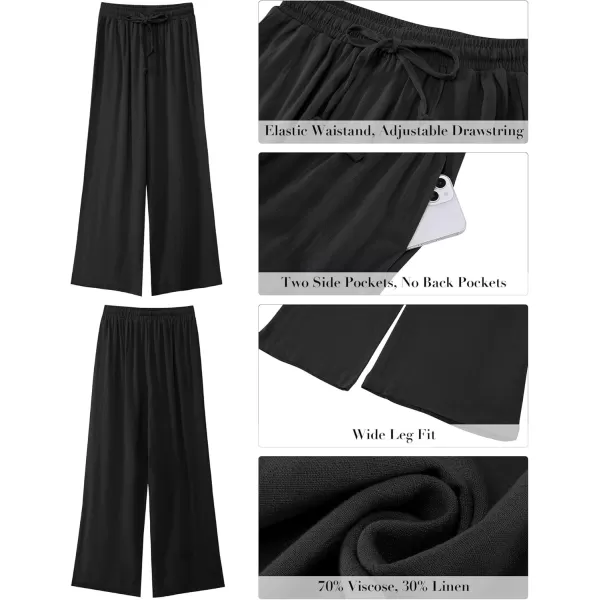 GRAPENT Wide Leg Pants Woman Linen High Waisted Pull On Flowy Casual Baggy Drawstring Palazzo Trousers Pants Resort WearBlack