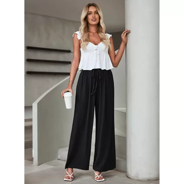 GRAPENT Wide Leg Pants Woman Linen High Waisted Pull On Flowy Casual Baggy Drawstring Palazzo Trousers Pants Resort WearBlack