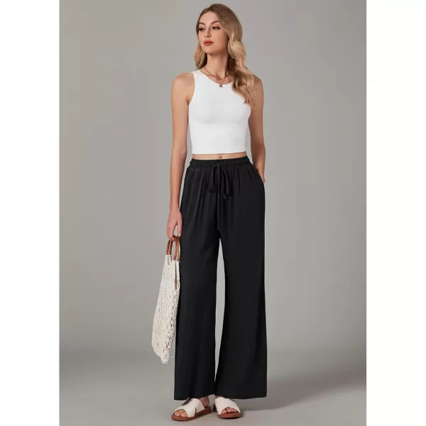 GRAPENT Wide Leg Pants Woman Linen High Waisted Pull On Flowy Casual Baggy Drawstring Palazzo Trousers Pants Resort WearBlack