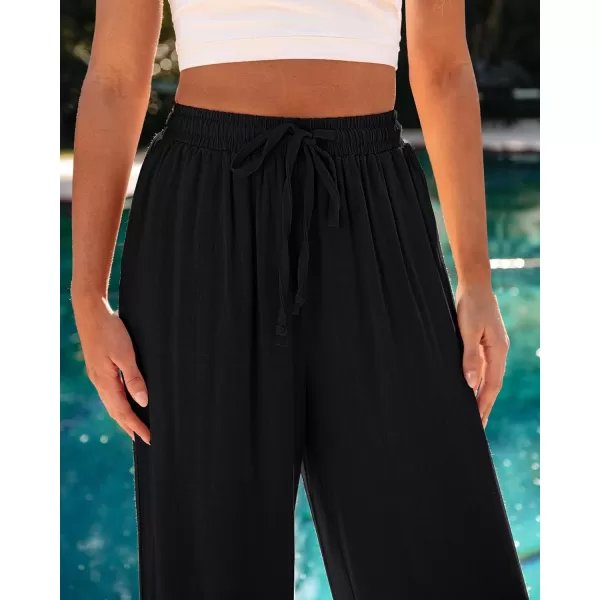 GRAPENT Wide Leg Pants Woman Linen High Waisted Pull On Flowy Casual Baggy Drawstring Palazzo Trousers Pants Resort WearBlack