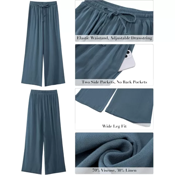 GRAPENT Wide Leg Pants Woman Linen High Waisted Pull On Flowy Casual Baggy Drawstring Palazzo Trousers Pants Resort WearBlue Gray