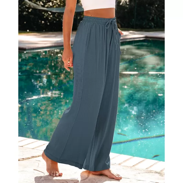 GRAPENT Wide Leg Pants Woman Linen High Waisted Pull On Flowy Casual Baggy Drawstring Palazzo Trousers Pants Resort WearBlue Gray