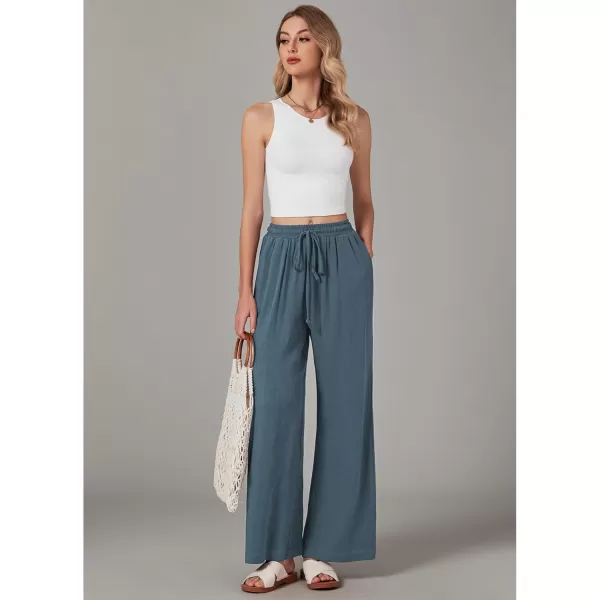 GRAPENT Wide Leg Pants Woman Linen High Waisted Pull On Flowy Casual Baggy Drawstring Palazzo Trousers Pants Resort WearBlue Gray