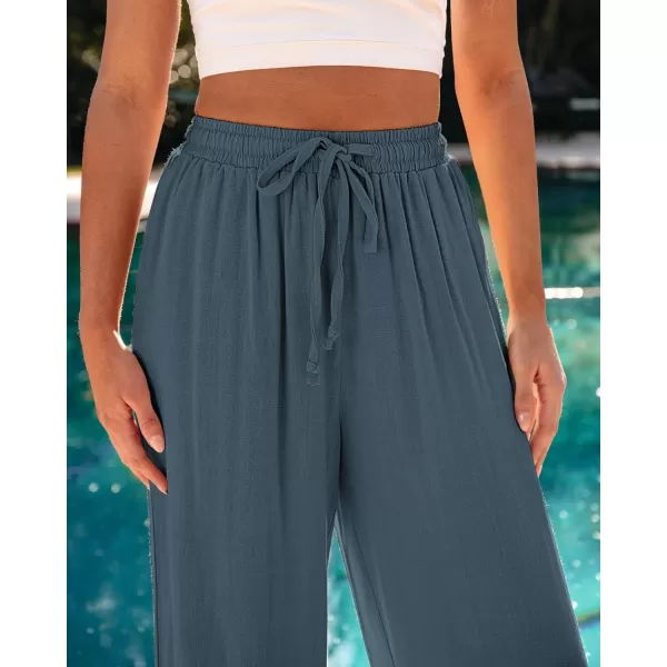 GRAPENT Wide Leg Pants Woman Linen High Waisted Pull On Flowy Casual Baggy Drawstring Palazzo Trousers Pants Resort WearBlue Gray