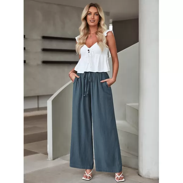 GRAPENT Wide Leg Pants Woman Linen High Waisted Pull On Flowy Casual Baggy Drawstring Palazzo Trousers Pants Resort WearBlue Gray