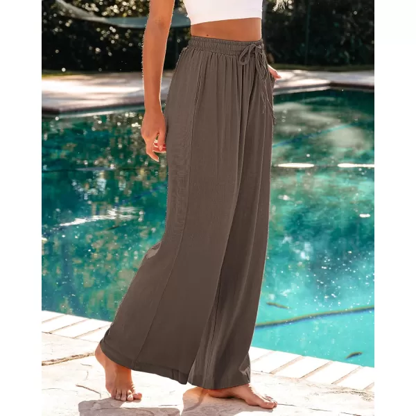 GRAPENT Wide Leg Pants Woman Linen High Waisted Pull On Flowy Casual Baggy Drawstring Palazzo Trousers Pants Resort WearBrown