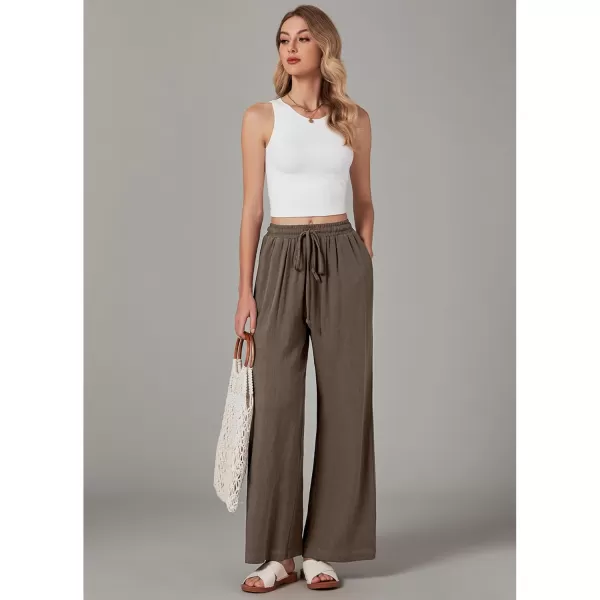 GRAPENT Wide Leg Pants Woman Linen High Waisted Pull On Flowy Casual Baggy Drawstring Palazzo Trousers Pants Resort WearBrown