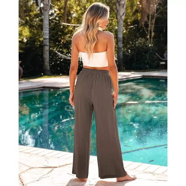 GRAPENT Wide Leg Pants Woman Linen High Waisted Pull On Flowy Casual Baggy Drawstring Palazzo Trousers Pants Resort WearBrown
