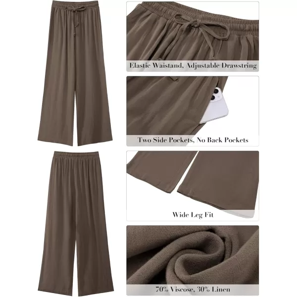 GRAPENT Wide Leg Pants Woman Linen High Waisted Pull On Flowy Casual Baggy Drawstring Palazzo Trousers Pants Resort WearBrown